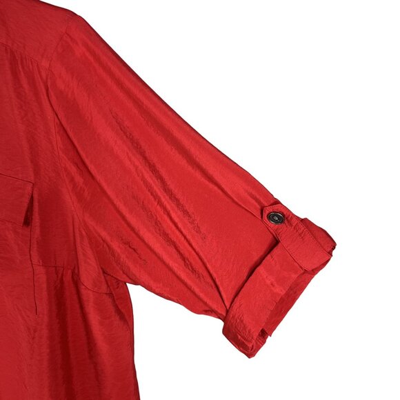 Beverly Drive NWT Womens 2X Holiday Red Silky Blouse 3/4 Tab Sleeve Pockets - Picture 7 of 14